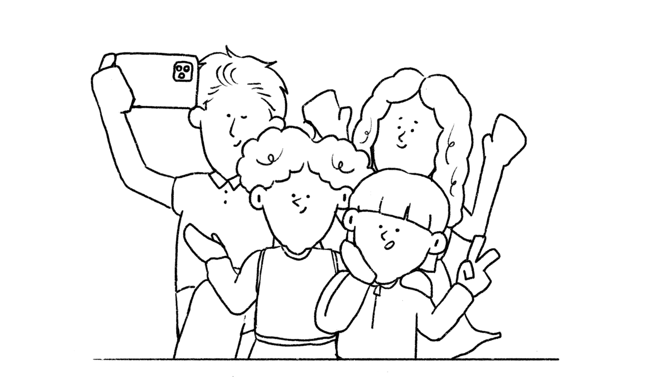 서로 사진을 찍으며 모여 있는 사람들을 그린 흑백 일러스트