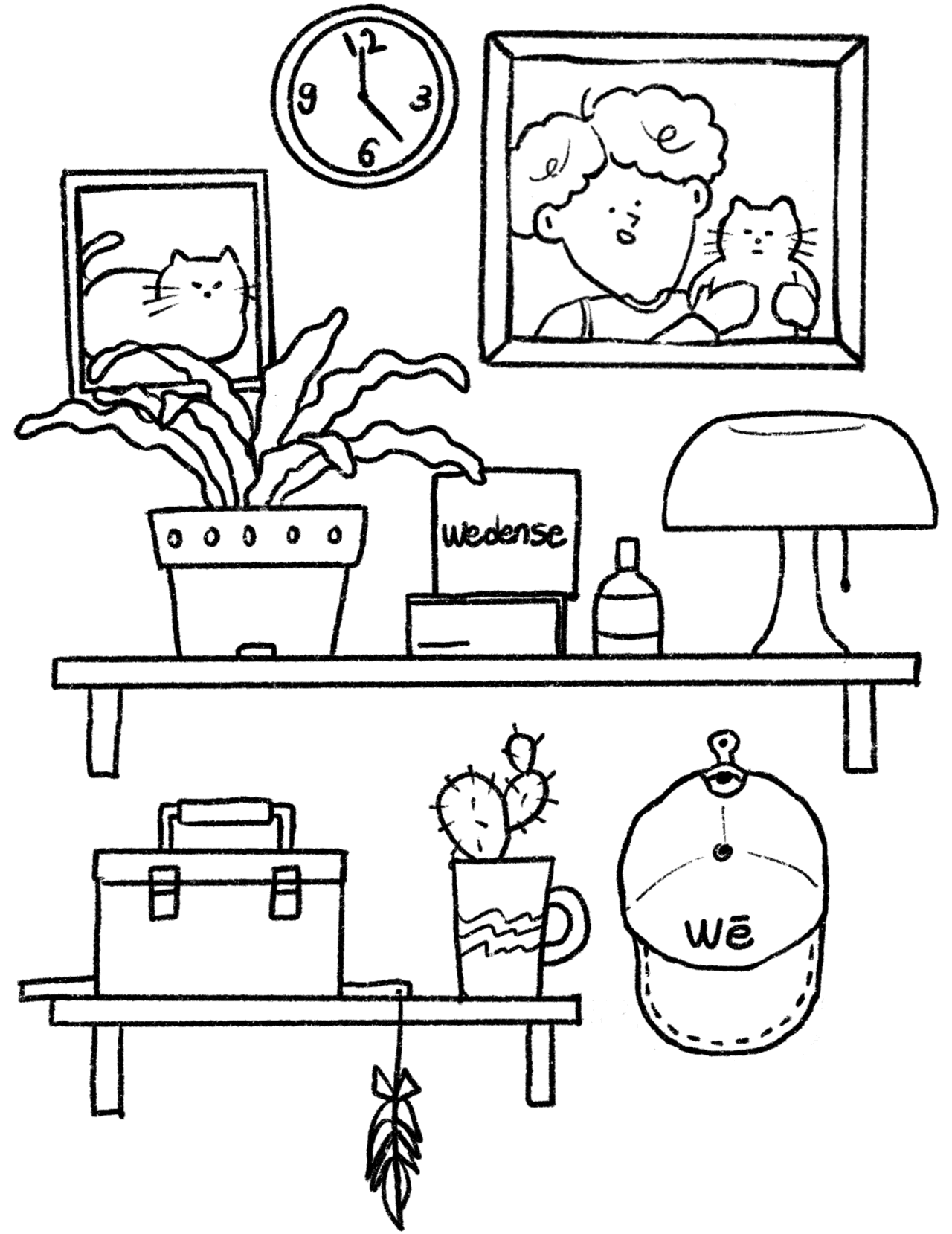 선반과 액자, 스탠드가 놓인 일상 공간을 그린 흑백 일러스트